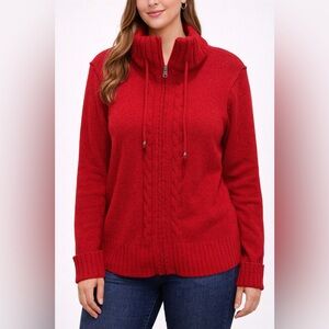 Jessica Red Zip-Up Sweater Jacket Size 18 Cable Knit Collar